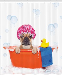 French Bulldog Rubber Duck Bath Theme Shower Curtain, Cloth Bathroom Decor