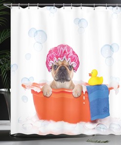 French Bulldog Rubber Duck Bath Theme Shower Curtain, Cloth Bathroom Decor