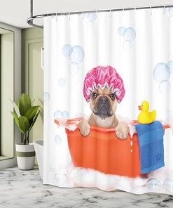French Bulldog Rubber Duck Bath Theme Shower Curtain, Cloth Bathroom Decor