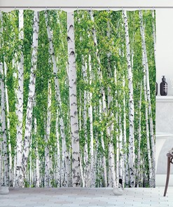 Fresh Green Leaves Shower Curtain, Summer Forest Landscape Print Bathroom Decor, Green White Black