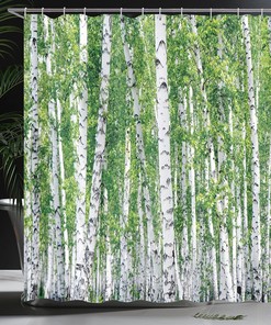 Fresh Green Leaves Shower Curtain, Summer Forest Landscape Print Bathroom Decor, Green White Black