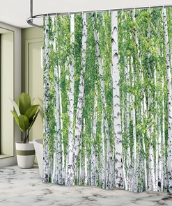 Fresh Green Leaves Shower Curtain, Summer Forest Landscape Print Bathroom Decor, Green White Black