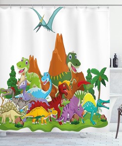 Friendly Dinosaur Cartoon Style Landscape Shower Curtain, Home Decor