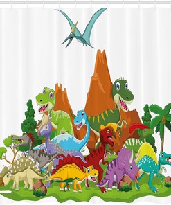 Friendly Dinosaur Cartoon Style Landscape Shower Curtain, Home Decor
