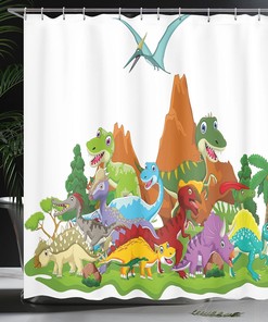 Friendly Dinosaur Cartoon Style Landscape Shower Curtain, Home Decor