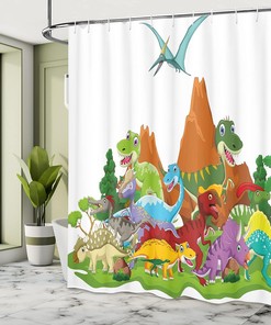 Friendly Dinosaur Cartoon Style Landscape Shower Curtain, Home Decor