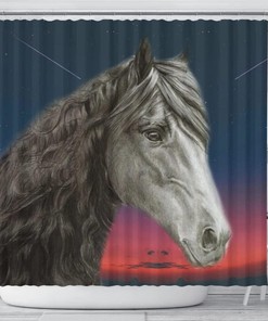 Friesian Horse Print Shower Curtain - Black and White Bathroom Decor 