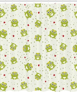 Frog Prince Love Shower Curtain, Heart Dotted Retro Background Illustration- Bathroom Curtain