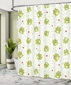 Frog Prince Love Shower Curtain, Heart Dotted Retro Background Illustration- Bathroom Curtain