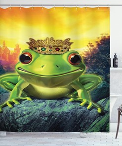 Frog Prince Shower Curtain, Golden Yellow Crown on Rocks Soul Mates Illustration- Home Decor