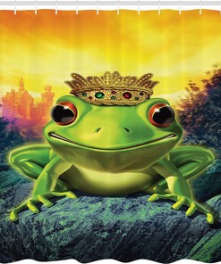 Frog Prince Shower Curtain, Golden Yellow Crown on Rocks Soul Mates Illustration- Home Decor