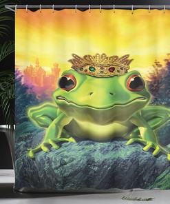 Frog Prince Shower Curtain, Golden Yellow Crown on Rocks Soul Mates Illustration- Home Decor