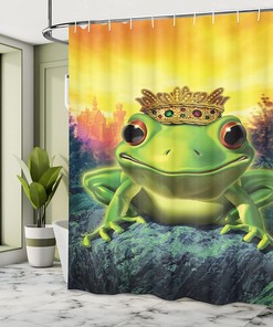 Frog Prince Shower Curtain, Golden Yellow Crown on Rocks Soul Mates Illustration- Home Decor