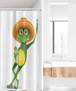 Frog Shower Curtain, Sombrero and Cocktail Drink Glass Fauna Hot Weather Print in Fern Green Apricot, Fabric Bathroom Decor