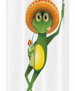 Frog Shower Curtain, Sombrero and Cocktail Drink Glass Fauna Hot Weather Print in Fern Green Apricot, Fabric Bathroom Decor