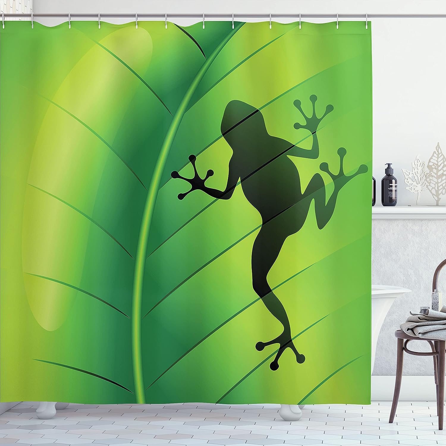 Frog on Leaf Shower Curtain, Silhouette Illustration of Exotic Macro Tropical Plant- Bathroom Curtain