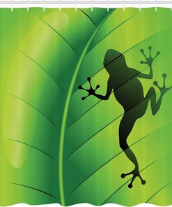 Frog on Leaf Shower Curtain, Silhouette Illustration of Exotic Macro Tropical Plant- Bathroom Curtain