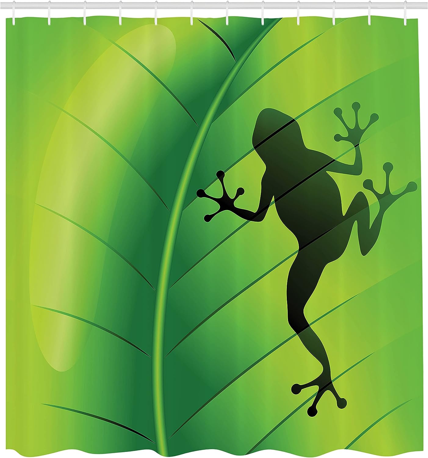 Frog on Leaf Shower Curtain, Silhouette Illustration of Exotic Macro Tropical Plant- Bathroom Curtain