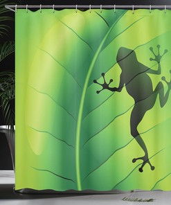 Frog on Leaf Shower Curtain, Silhouette Illustration of Exotic Macro Tropical Plant- Bathroom Curtain