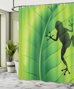 Frog on Leaf Shower Curtain, Silhouette Illustration of Exotic Macro Tropical Plant- Bathroom Curtain