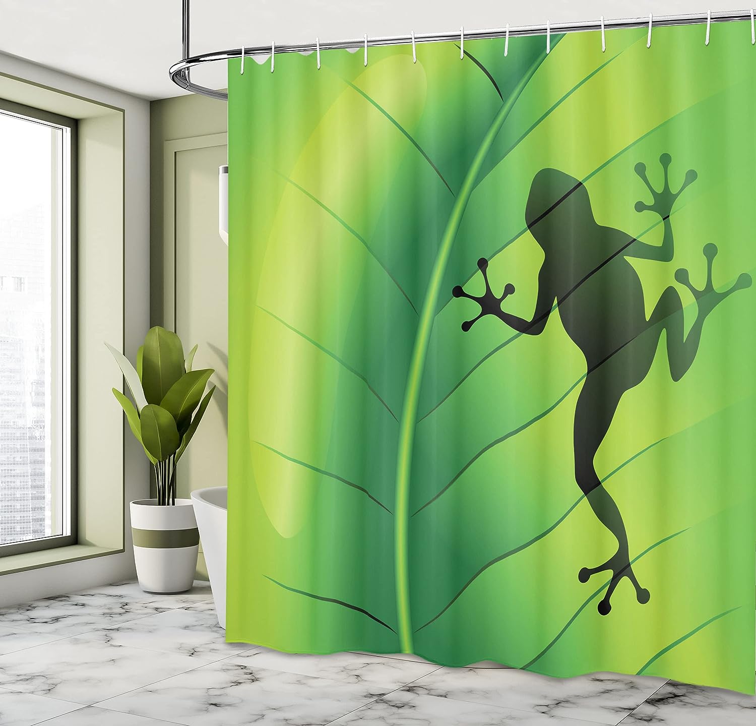 Frog on Leaf Shower Curtain, Silhouette Illustration of Exotic Macro Tropical Plant- Bathroom Curtain