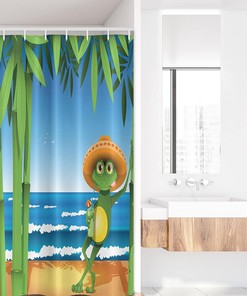 Frog on Sandy Beach Shower Curtain, Tropical Print Fabric Bathroom Decor in Cream Green