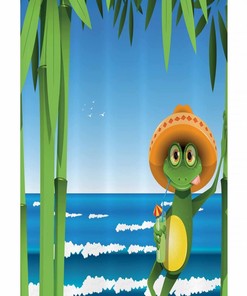 Frog on Sandy Beach Shower Curtain, Tropical Print Fabric Bathroom Decor in Cream Green