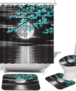 Full Moon Landscape Teal Flower Shower Curtain - Nature Bathroom Decor