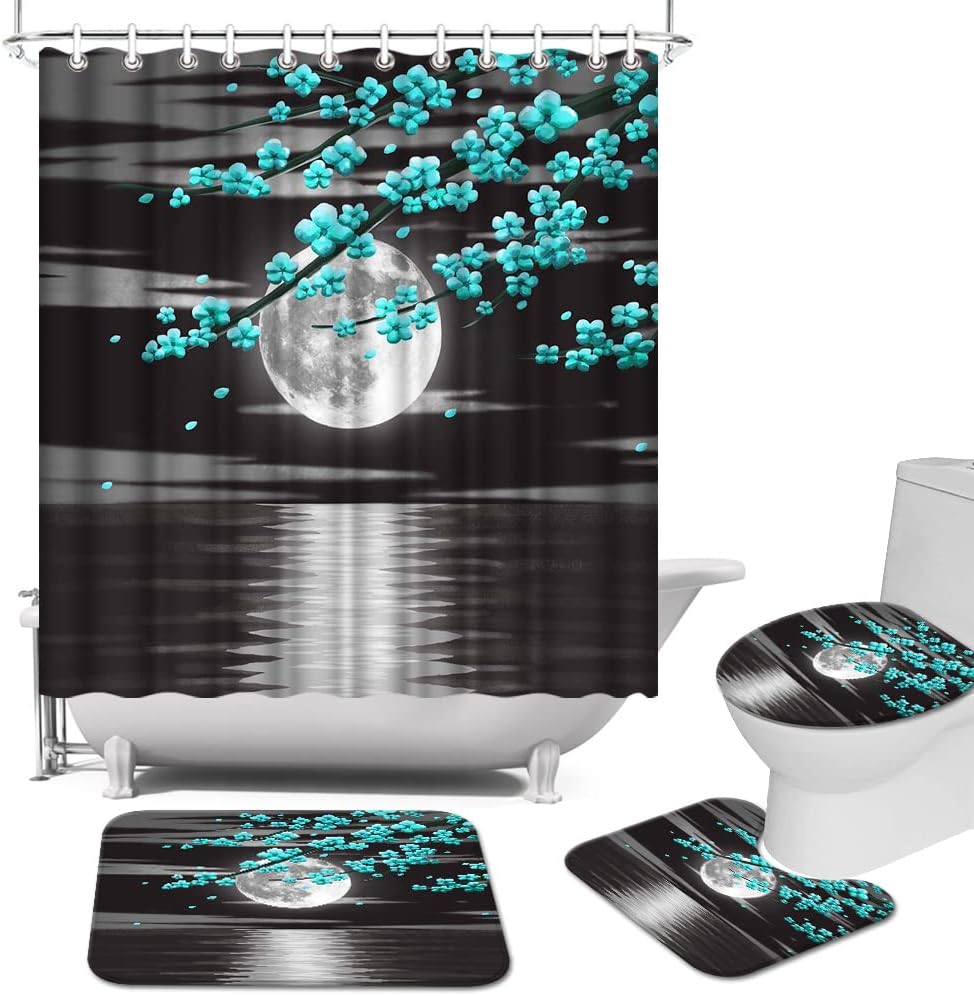 Full Moon Landscape Teal Flower Shower Curtain - Nature Bathroom Decor