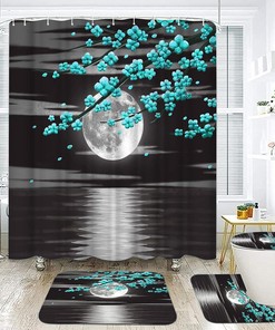 Full Moon Landscape Teal Flower Shower Curtain - Nature Bathroom Decor