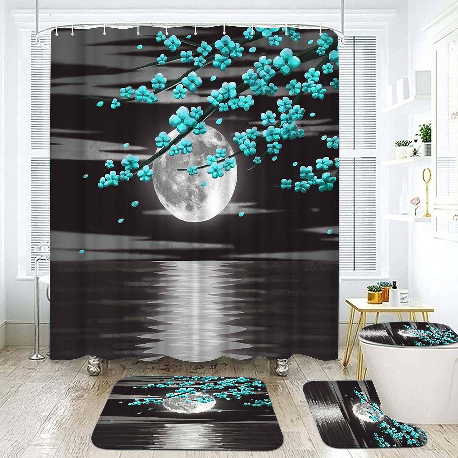 Full Moon Landscape Teal Flower Shower Curtain - Nature Bathroom Decor