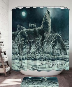 Full Moon Wolf Pack Shower Curtain - Art Painting Nature Bathroom Decor