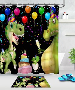 Fun Birthday Party Balloons and Confetti Dinosaur Shower Curtain - Waterproof Fabric