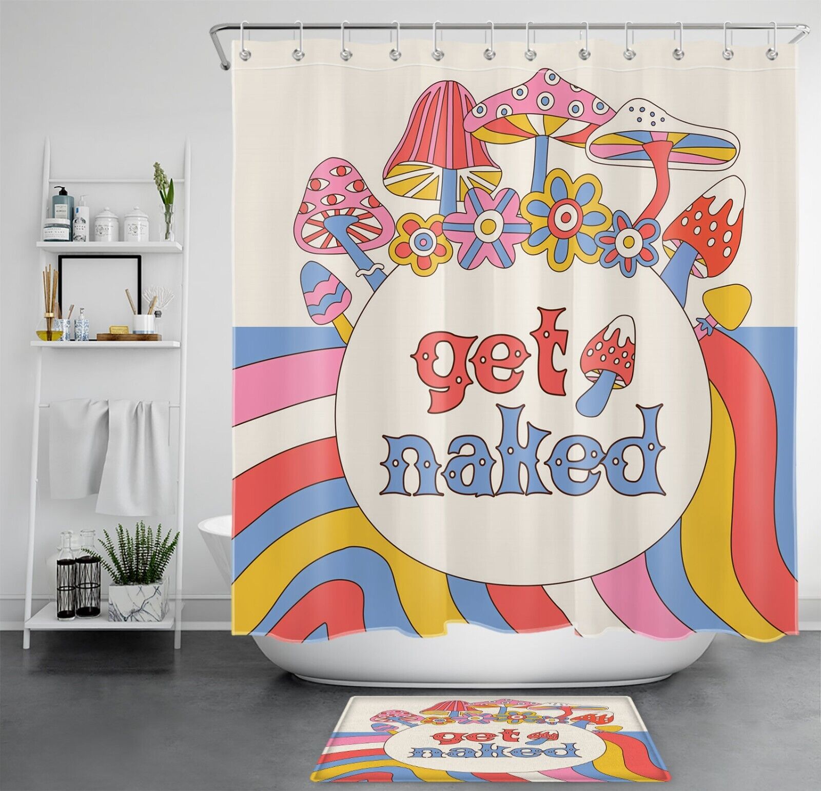 Fun Boho Shower Curtain with Colorful Flower and Mushroom - Bathroom Decor with Playful Twist