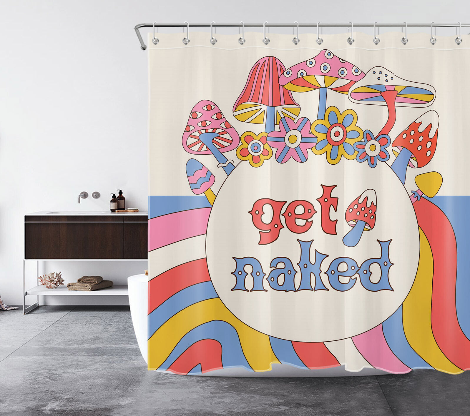 Fun Boho Shower Curtain with Colorful Flower and Mushroom - Bathroom Decor with Playful Twist