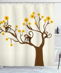Fun Monkey Animations Shower Curtain with Chimpanzees Climbing on Daisy Trees Print for Bathroom Decor