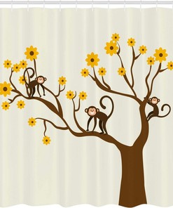 Fun Monkey Animations Shower Curtain with Chimpanzees Climbing on Daisy Trees Print for Bathroom Decor