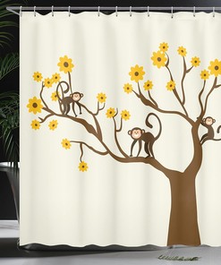 Fun Monkey Animations Shower Curtain with Chimpanzees Climbing on Daisy Trees Print for Bathroom Decor