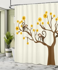 Fun Monkey Animations Shower Curtain with Chimpanzees Climbing on Daisy Trees Print for Bathroom Decor