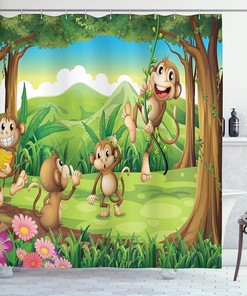 Fun Monkey Face Shower Curtain, Digital Dot Featured Little Geometrical Rounds Portrait, Tropical Bathroom Decor