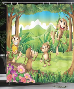 Fun Monkey Face Shower Curtain, Digital Dot Featured Little Geometrical Rounds Portrait, Tropical Bathroom Decor