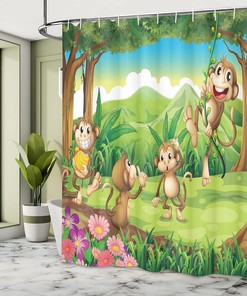 Fun Monkey Face Shower Curtain, Digital Dot Featured Little Geometrical Rounds Portrait, Tropical Bathroom Decor