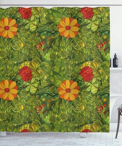 Funky Fractal Retro Jungle Cloth Fabric Shower Curtain, Flower Foliage Bush Design, Home Decor