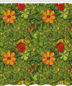 Funky Fractal Retro Jungle Cloth Fabric Shower Curtain, Flower Foliage Bush Design, Home Decor