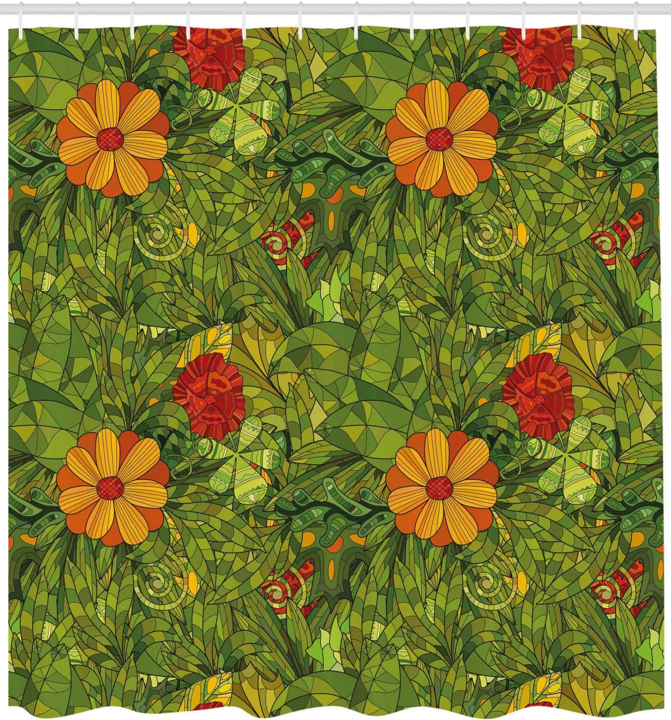 Funky Fractal Retro Jungle Cloth Fabric Shower Curtain, Flower Foliage Bush Design, Home Decor