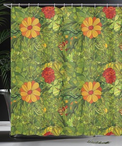 Funky Fractal Retro Jungle Cloth Fabric Shower Curtain, Flower Foliage Bush Design, Home Decor