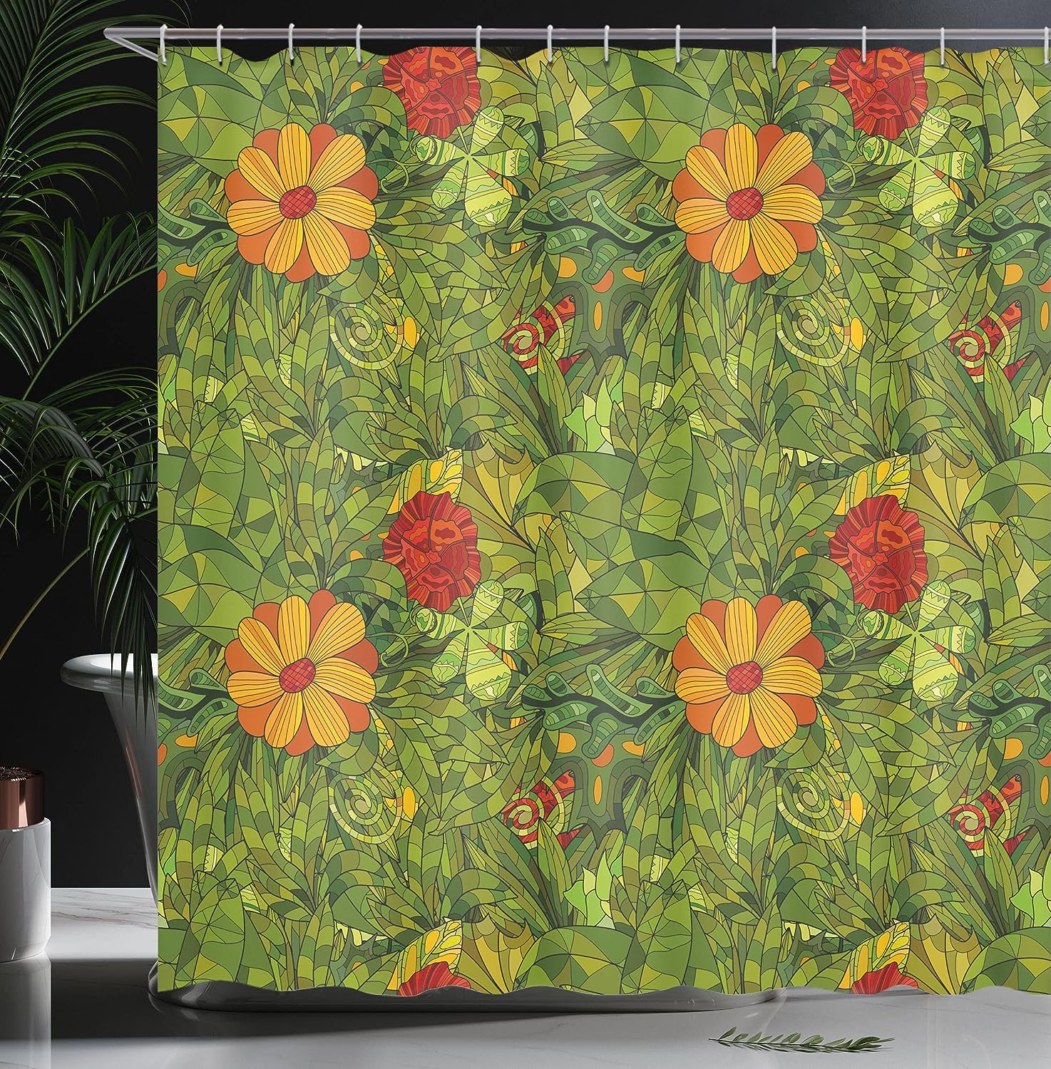 Funky Fractal Retro Jungle Cloth Fabric Shower Curtain, Flower Foliage Bush Design, Home Decor