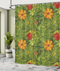 Funky Fractal Retro Jungle Cloth Fabric Shower Curtain, Flower Foliage Bush Design, Home Decor