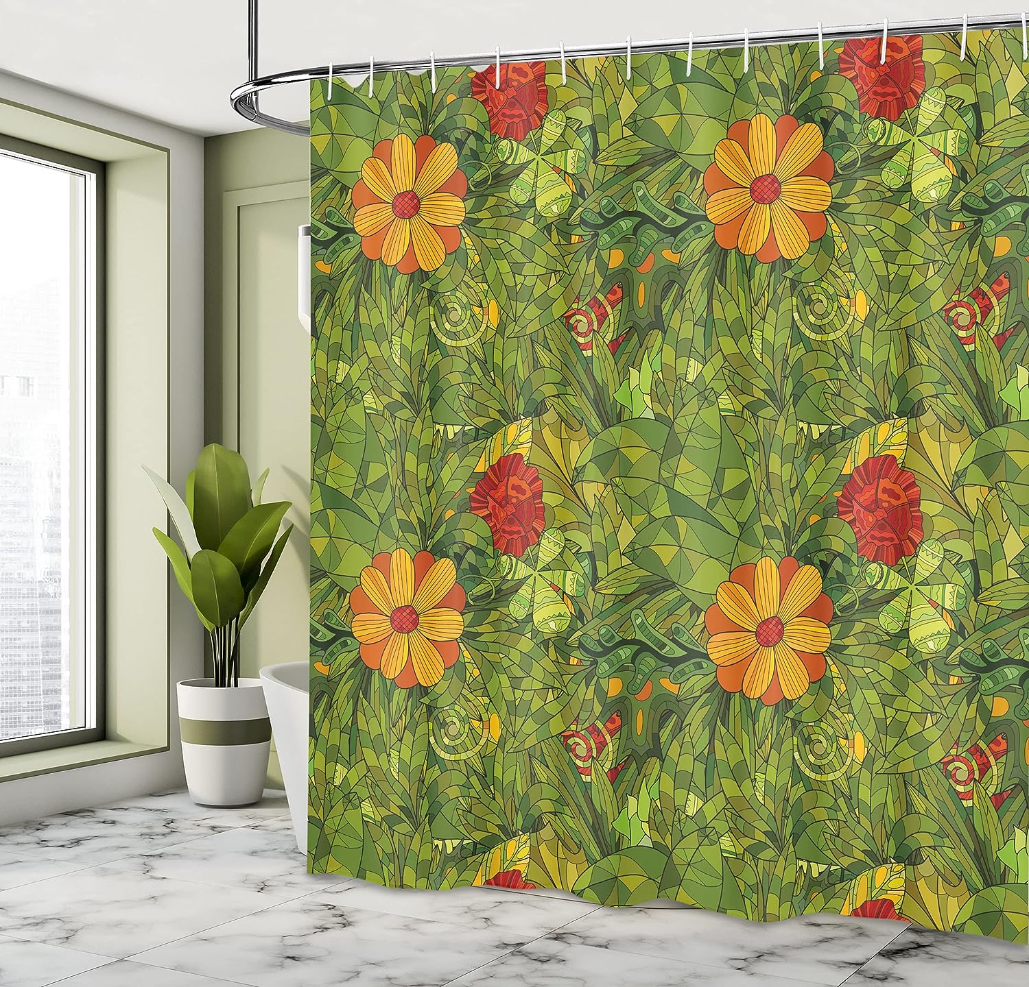 Funky Fractal Retro Jungle Cloth Fabric Shower Curtain, Flower Foliage Bush Design, Home Decor