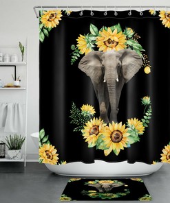 Funny Animal Elephant Sunflower Black Shower Curtain for Playful Bathroom Accessories